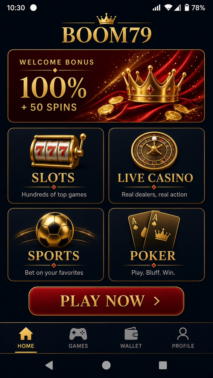 Boom79 India home screen with slots, live casino, sports and poker